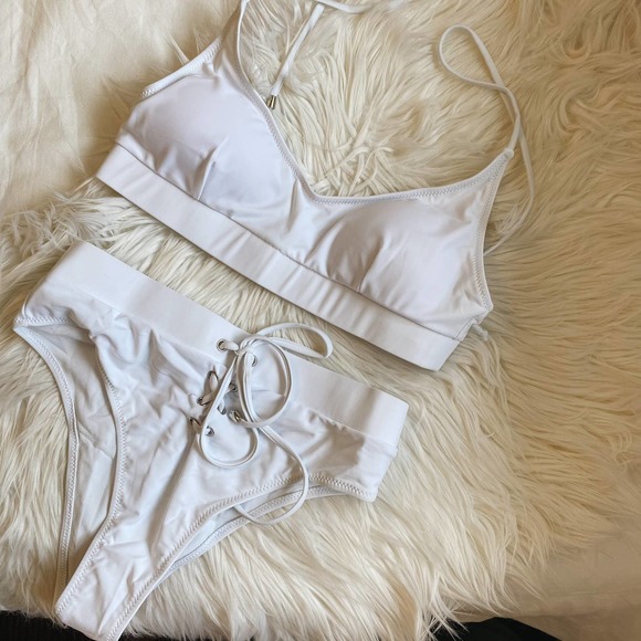 White High Waisted Lace Up Scoop Bust Bikini - Picture 4 of 12
